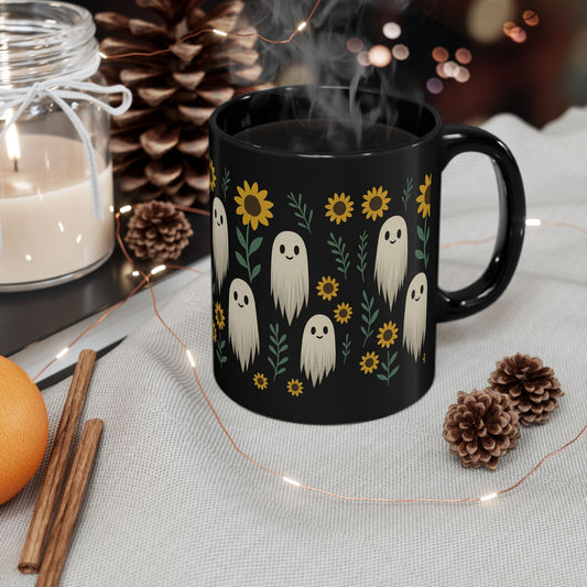 Black Ceramic Mug – Cute Ghosts & Sunflowers Design | Spooky Fall Coffee Cup