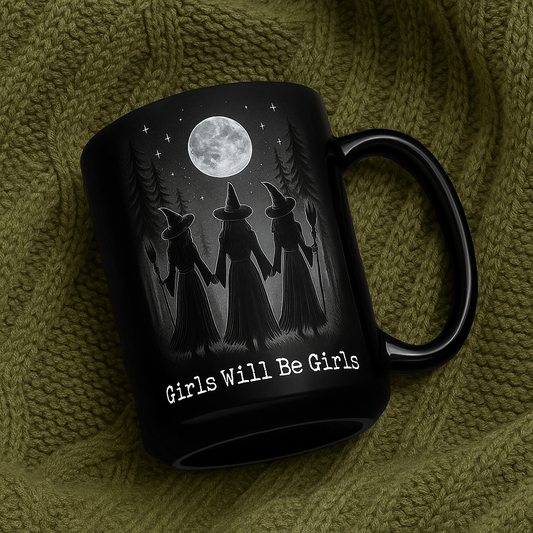Empowered Witch Mug – Gothic Wiccan Coffee Cup with Moon & Witches, Girls Will Be Girls