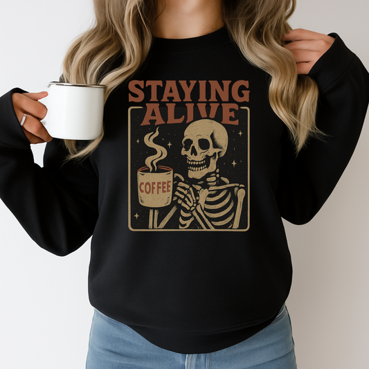 Staying Alive Skeleton Coffee Sweatshirt – Retro Vintage Halloween Coffee Lover Pullover