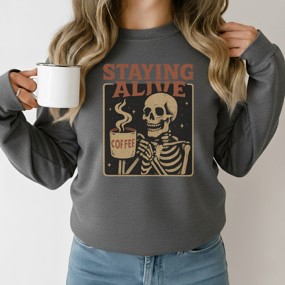 Staying Alive Skeleton Coffee Sweatshirt – Retro Vintage Halloween Coffee Lover Pullover