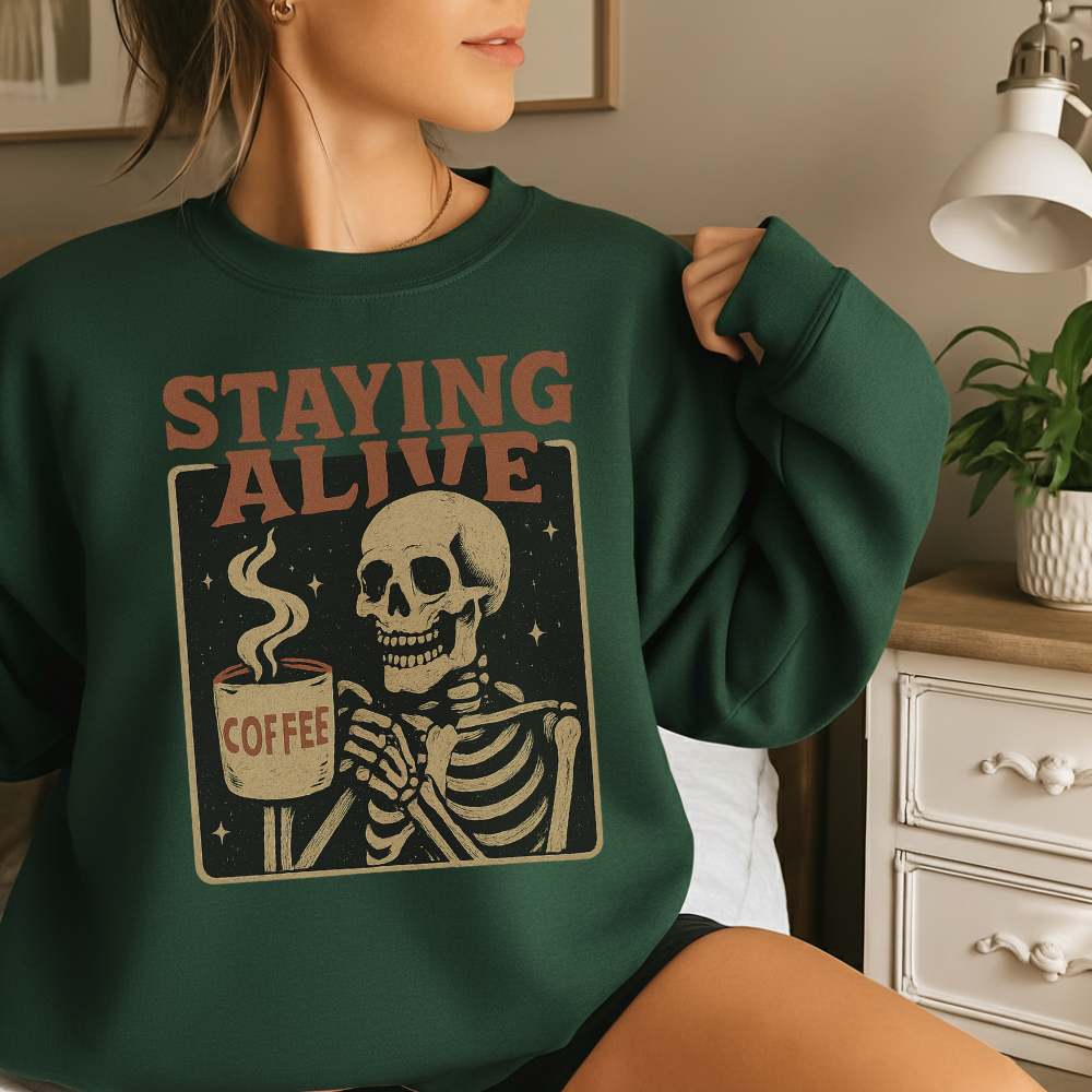 Staying Alive Skeleton Coffee Sweatshirt – Retro Vintage Halloween Coffee Lover Pullover