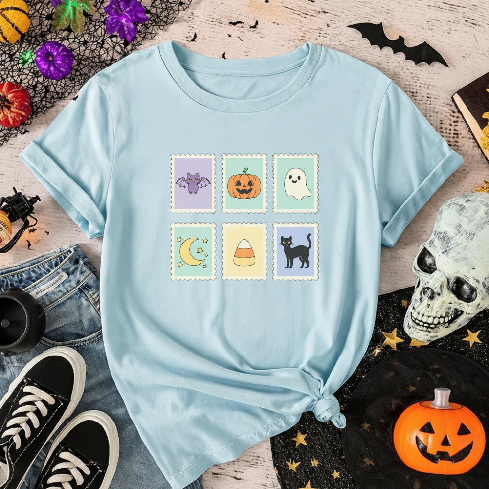 Spooky Season Stamp Tee – Cute and Comfy Halloween T-Shirt for Everyday Wear