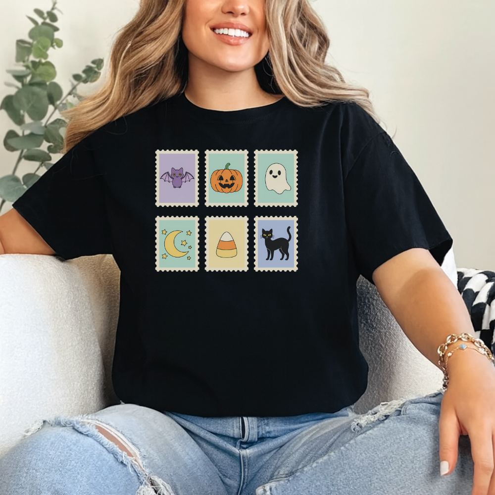 Spooky Season Stamp Tee – Cute and Comfy Halloween T-Shirt for Everyday Wear