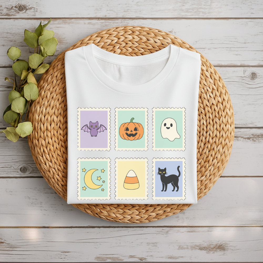 Spooky Season Stamp Tee – Cute and Comfy Halloween T-Shirt for Everyday Wear