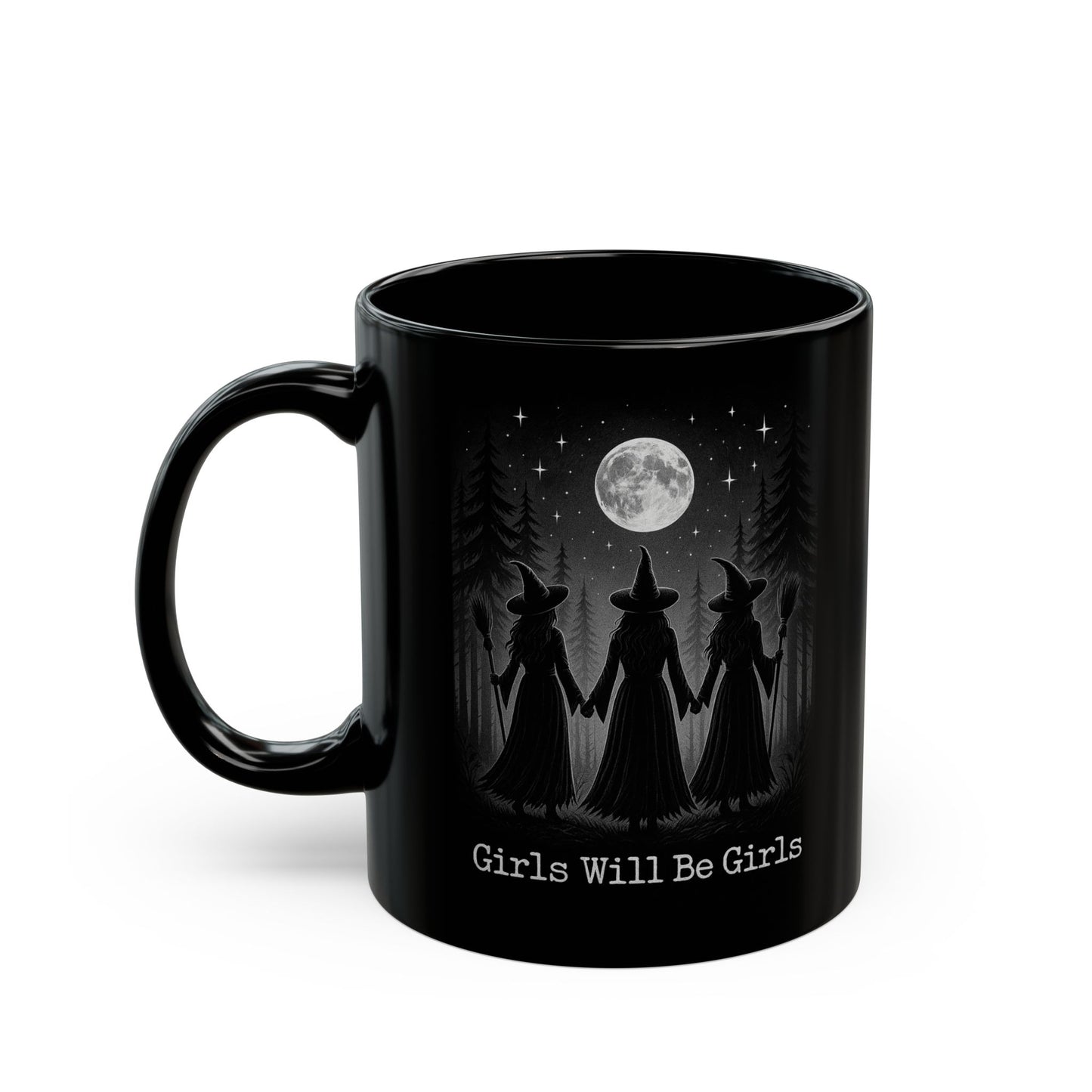 Empowered Witch Mug – Gothic Wiccan Coffee Cup with Moon & Witches, Girls Will Be Girls